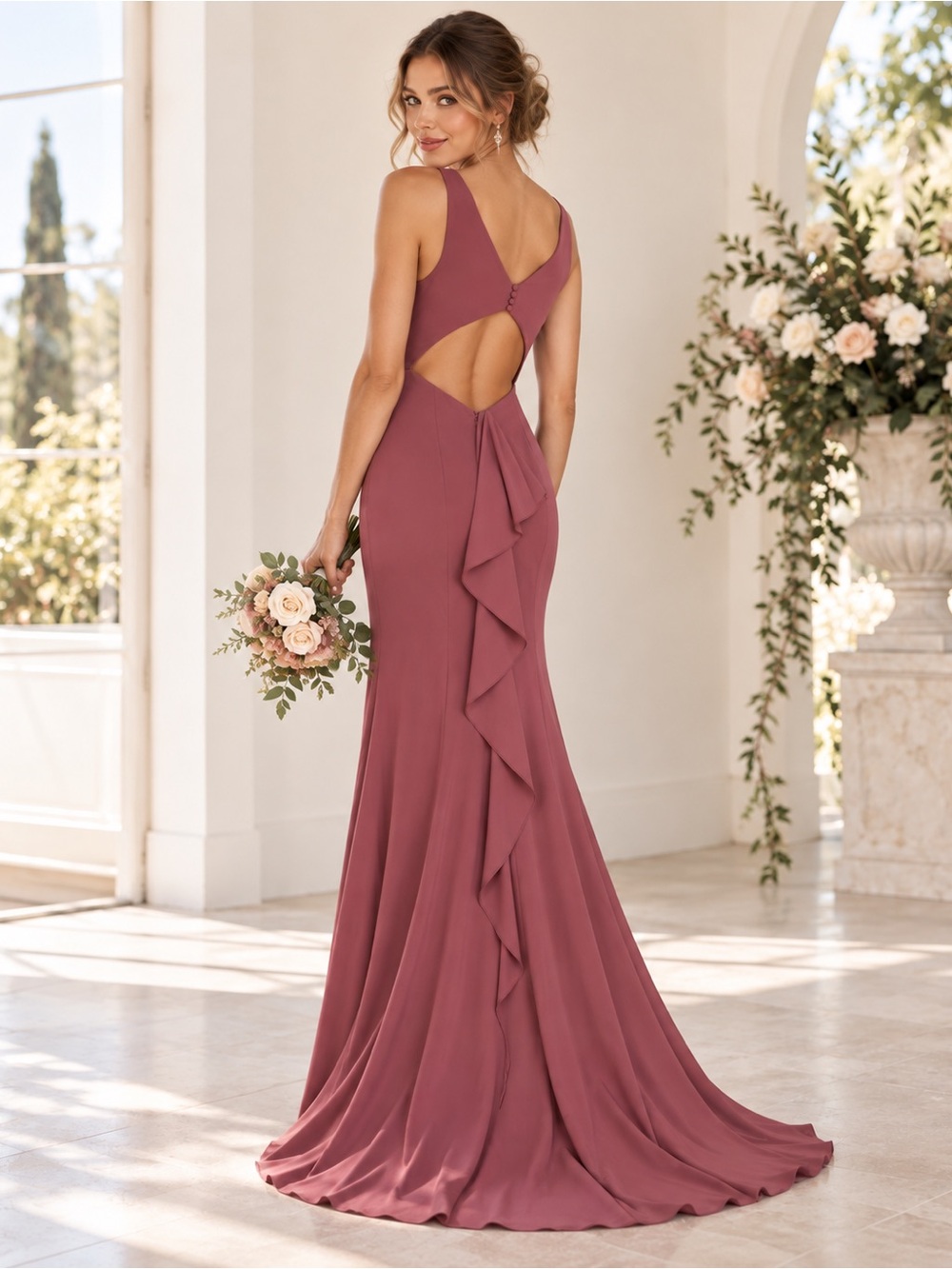 Amsale Pryce V-Neck Back Ruffle Crepe Gown Size 0